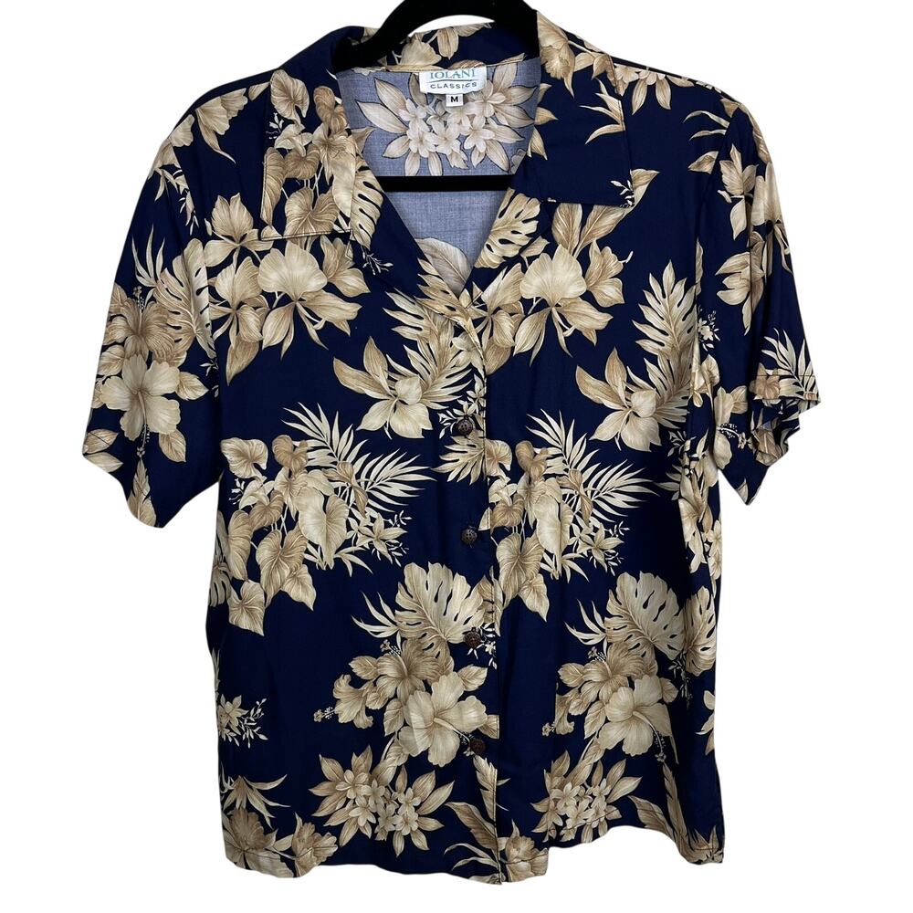 Iolani Classics Womens Blue Hawaiian Floral Button Down Medium